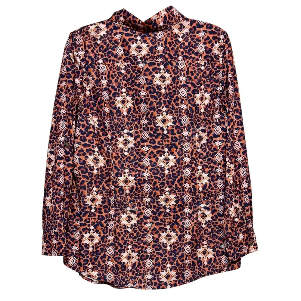 Lucky & Blessed Aztec Leopard Button Down‎ Shirt Women M Y2K Coastal Cowgirl